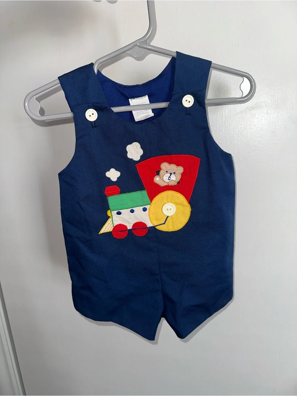 Vintage 90s Baby Togs Train Teddy Bear Romper Overalls Navy Blue Boy 3-6 Months